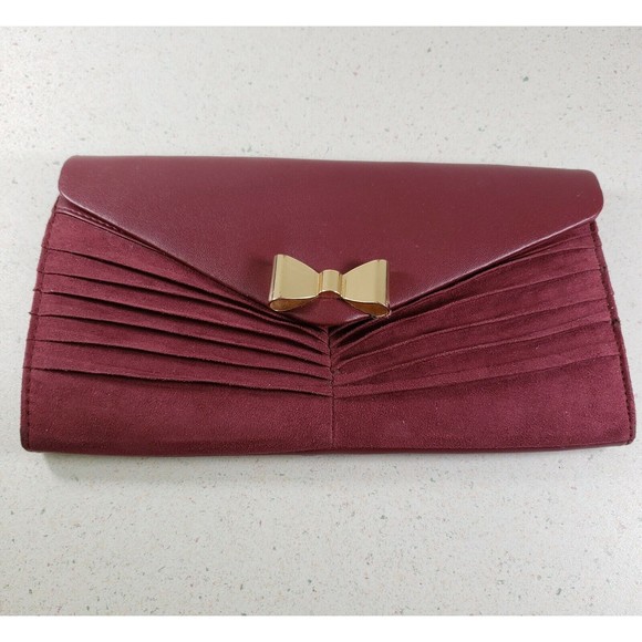 Atmosphere Red Burgundy Suede with Gold Tone Bow & Chain Strap Purse Clutch - Picture 1 of 7